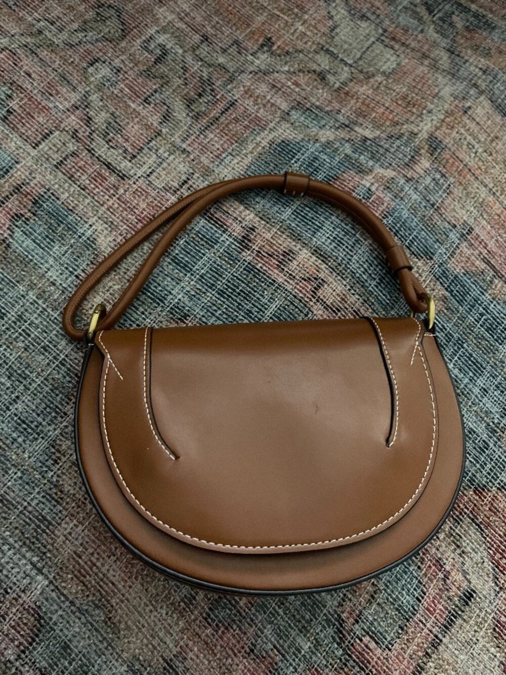 Zara Crossbody top cognac topstitch tan crescent bag classic neutral chic retro